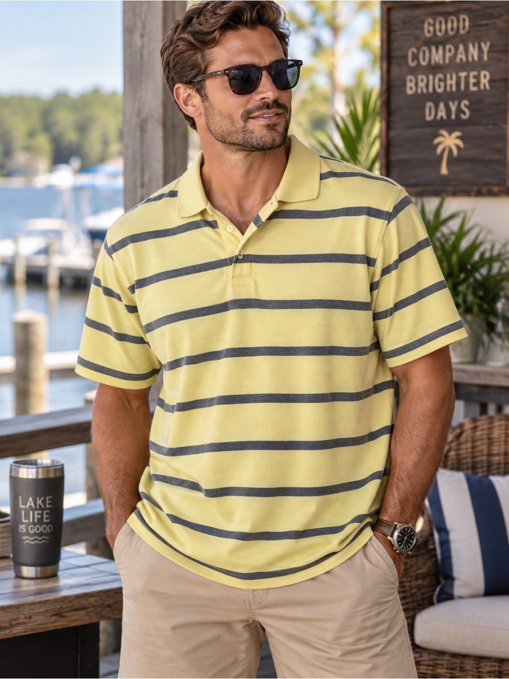 St. John’s Bay Men’s XXL Yellow Striped Legacy Polo Shirt Preppy Golf Casual